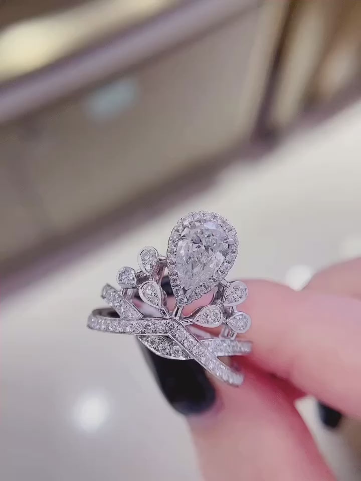 1 ct Pear Crown Style Lab Grown Diamond Engagement Ring in 14K White Gold