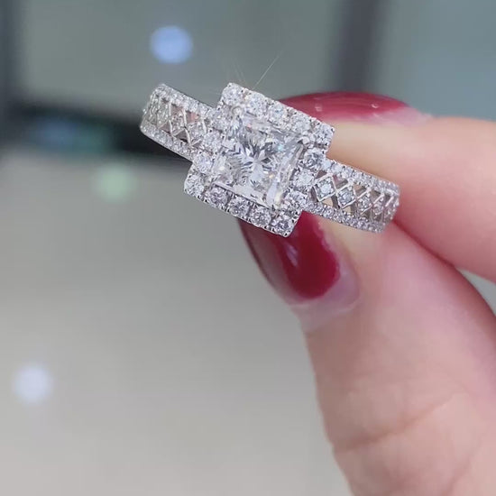 Princess Cut Halo Lab Grown Diamond Engagement Ring in 14K White Gold