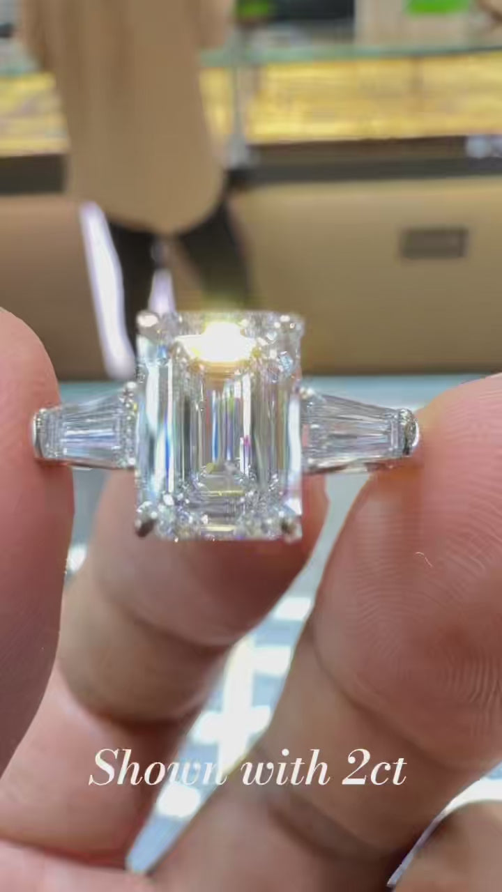 1 ct Three Stone Emerald &Tapered Baguette Lab Grown Diamond Engagement Ring in Platinum